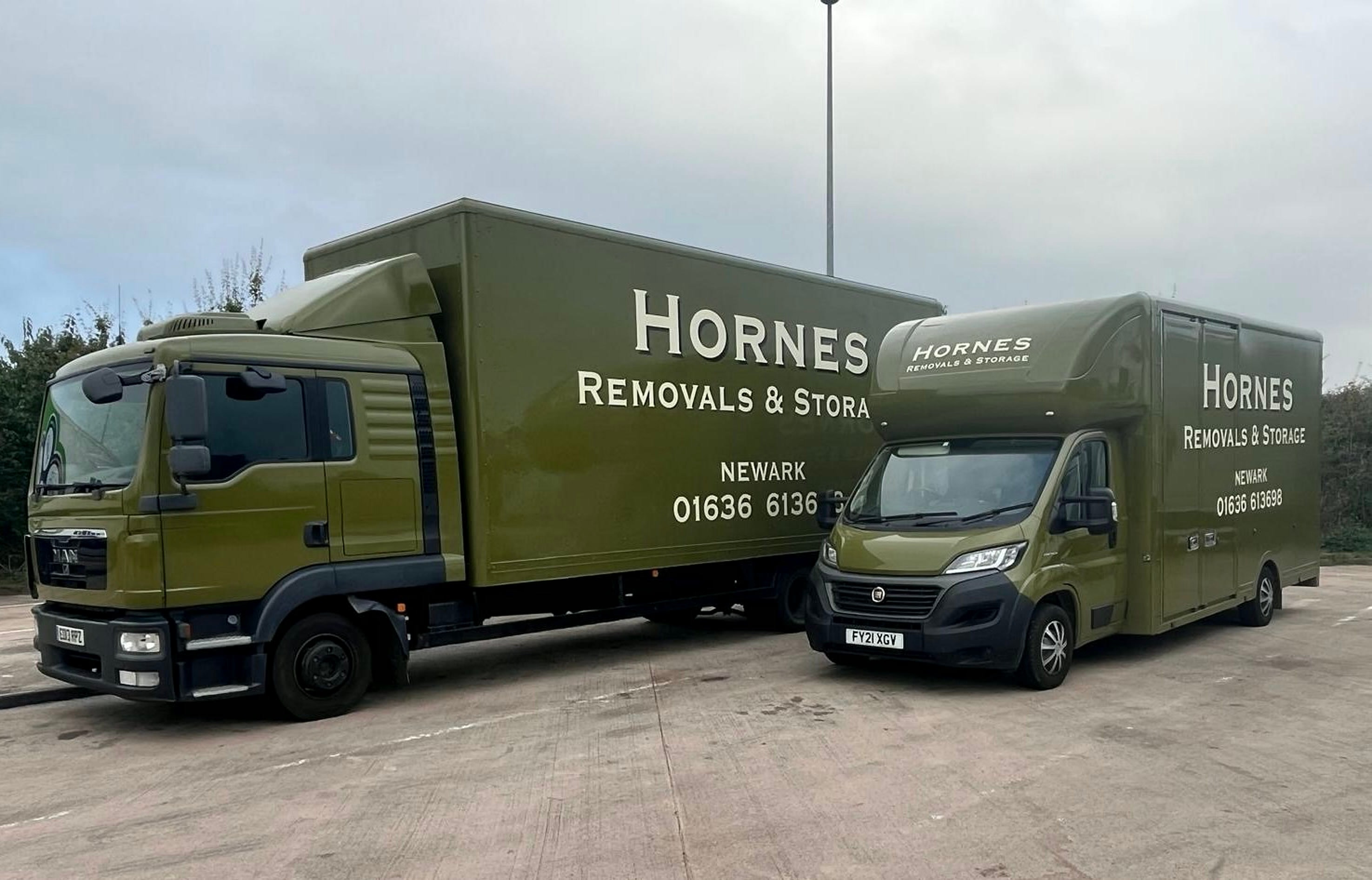 Hornes olive-green removal lorries at the Newark yard