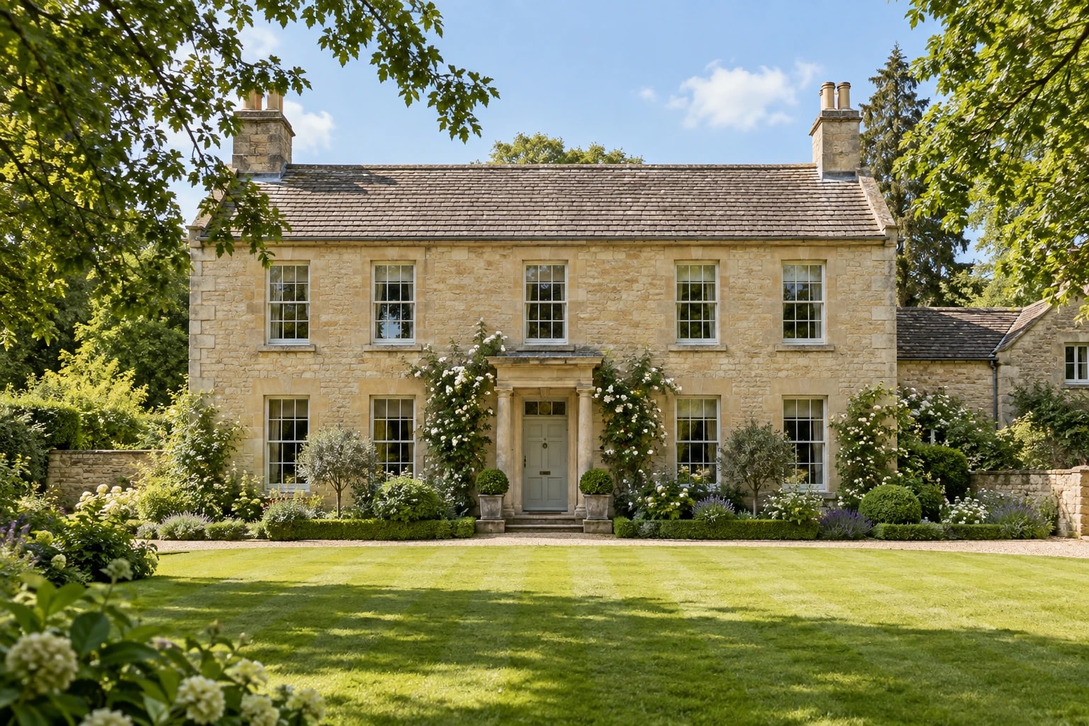 Stone country house surrounded by a green garden