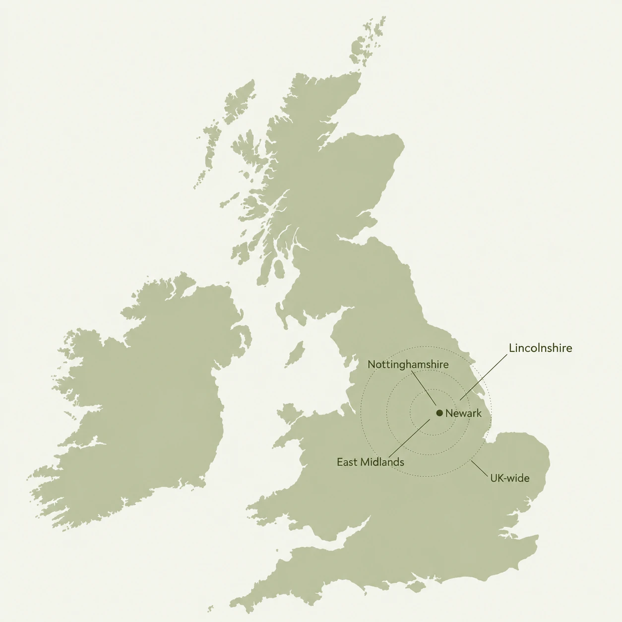 Coverage map centred on Newark, serving Nottinghamshire, Lincolnshire, the East Midlands and UK moves