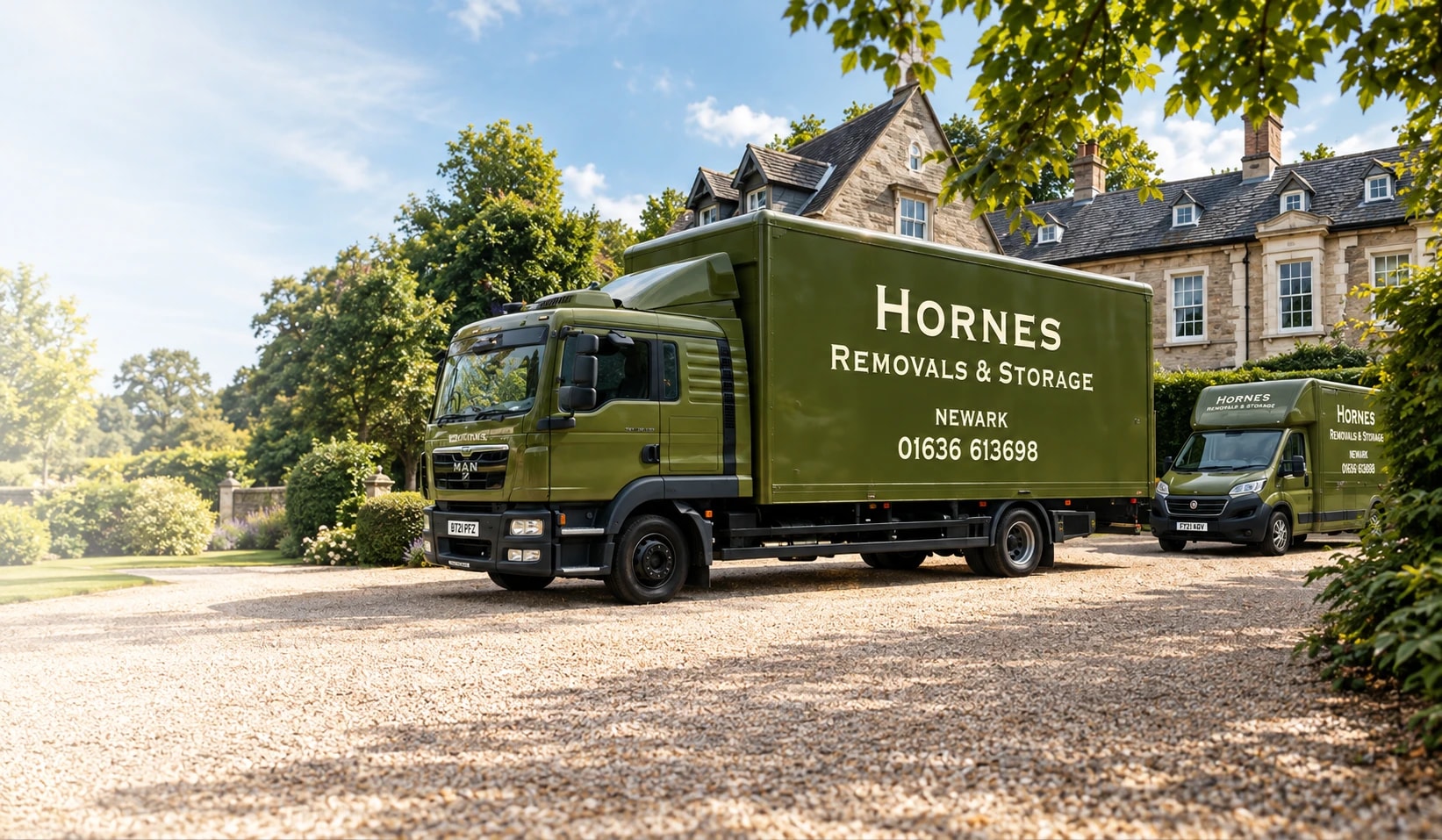 Olive Hornes removal vehicles beside a stone country house
