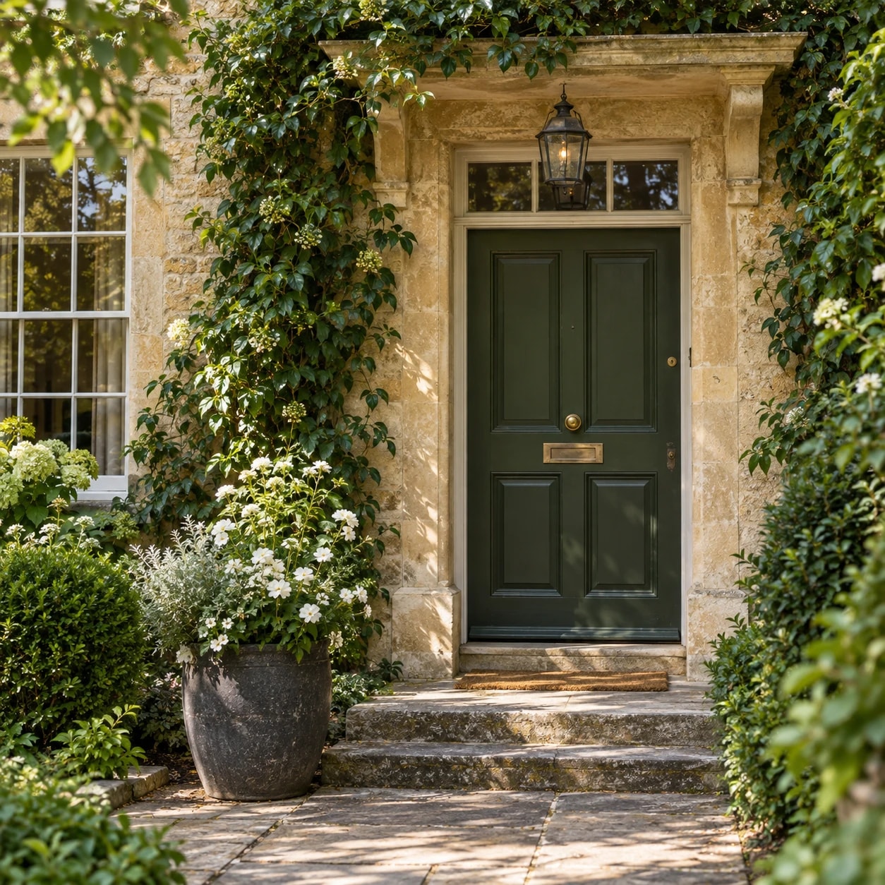 Olive front door framed by stone, ivy and white flowers
