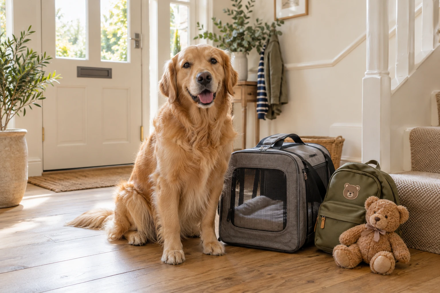 Dog beside a pet carrier, child's backpack and teddy bear ready for moving day