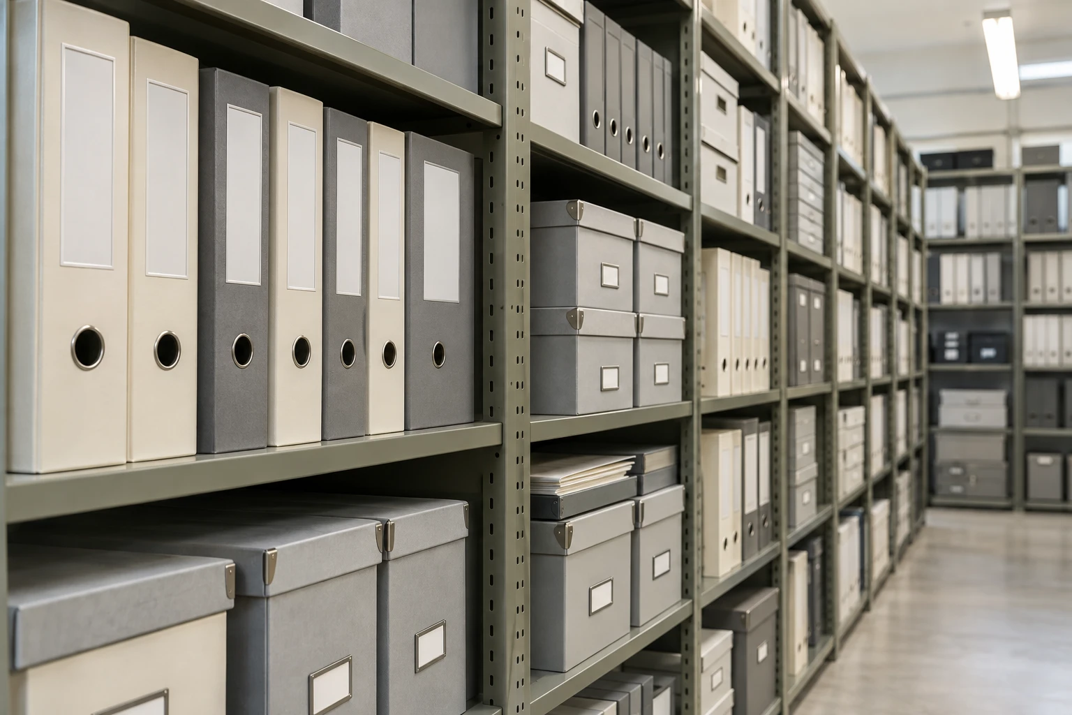 Organised document archive with folders and labelled storage cases
