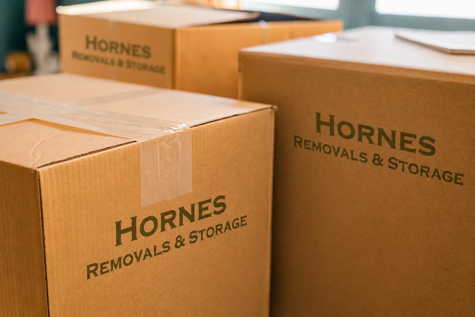Sealed Hornes-branded boxes ready for storage