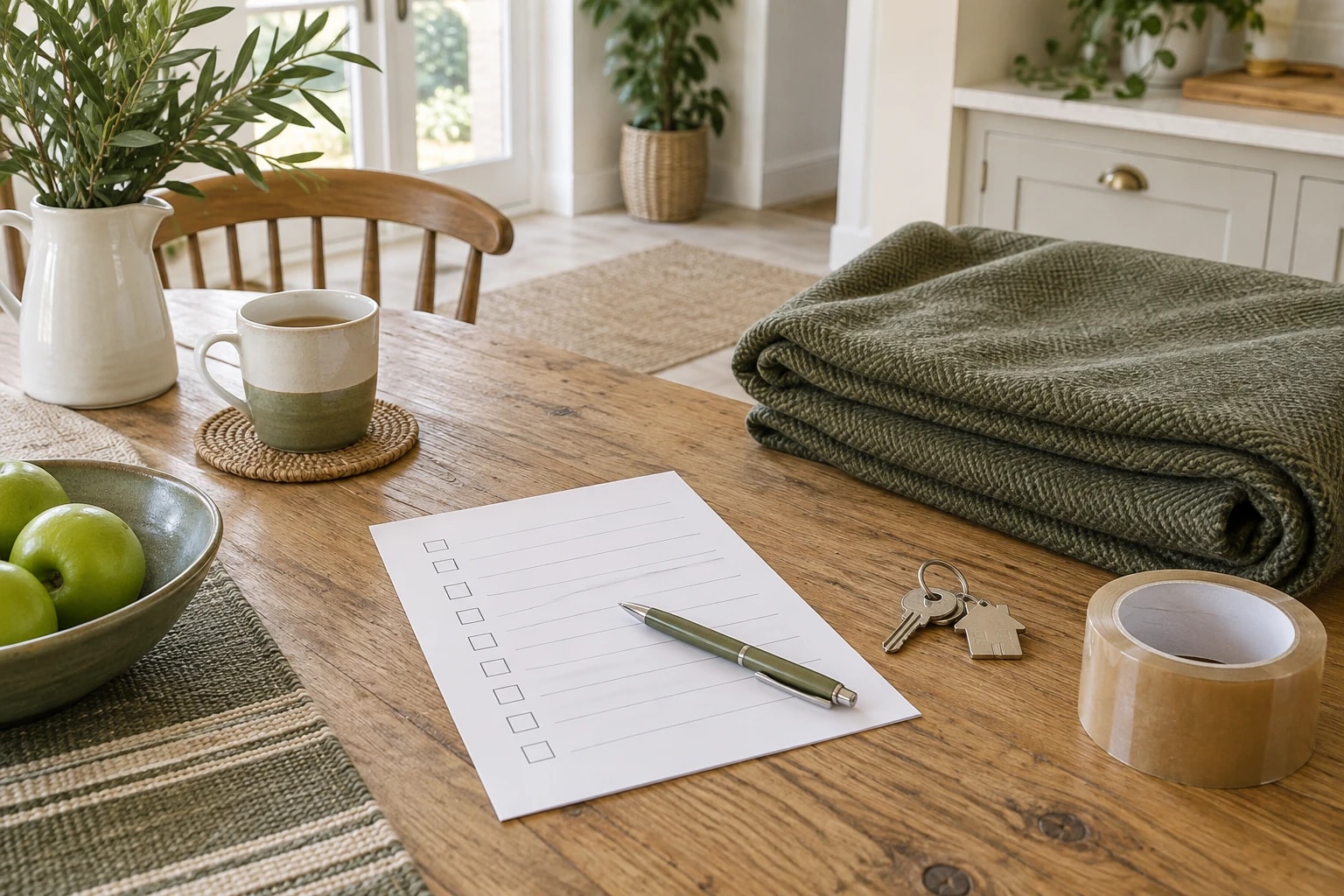 Moving checklist, house keys and protective blanket